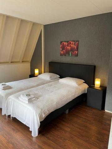 2 camas en una habitación con 2 luces en la pared en "De Harmonie" Studio's, en Laag-Soeren