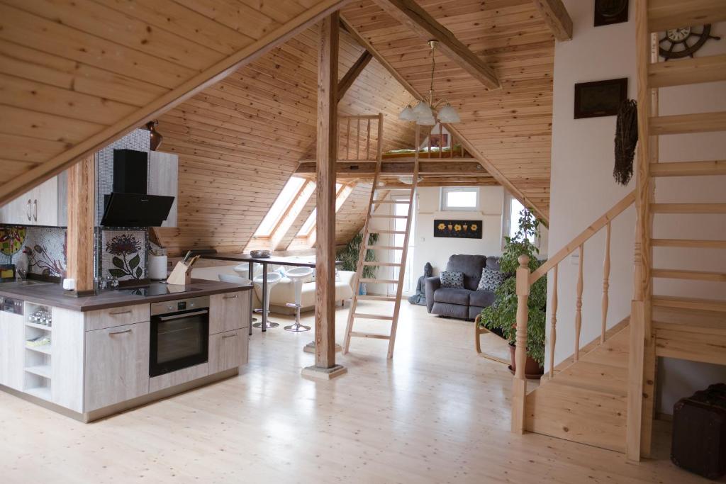 eine Küche und ein Wohnzimmer in einem Holzhaus in der Unterkunft art-house 3 attic apartment with terrace in Děčín