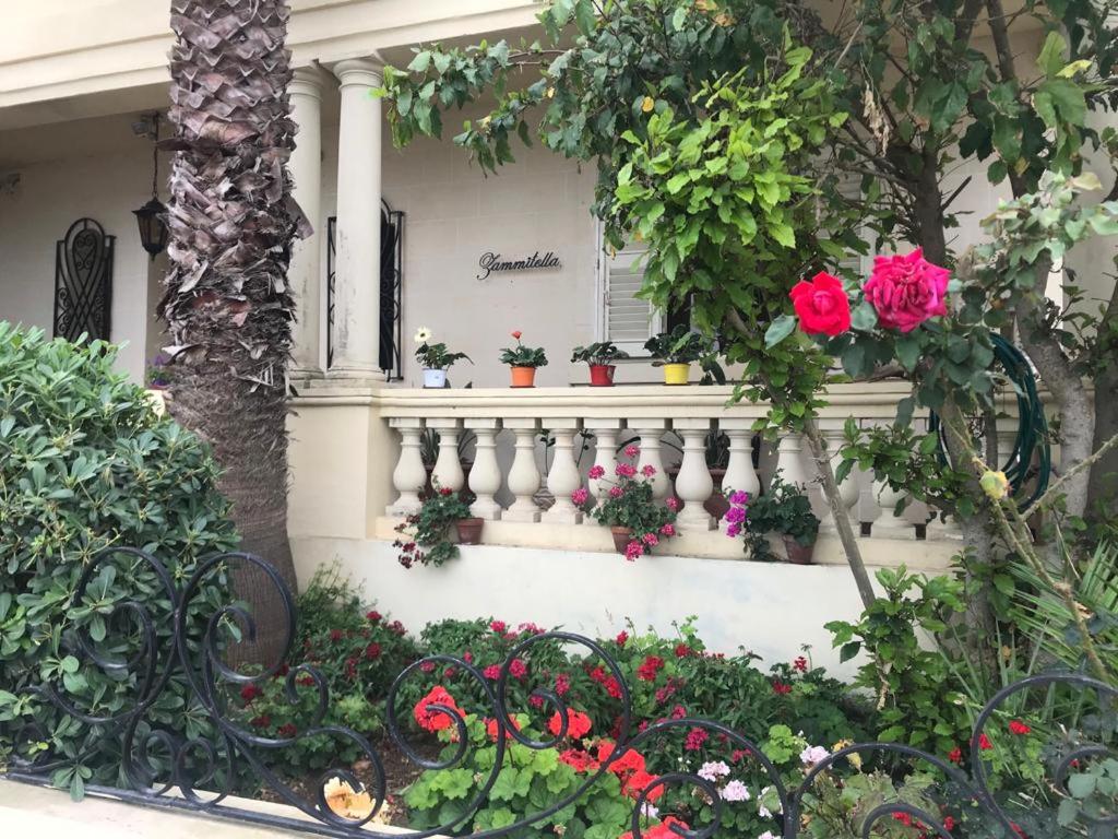 Una escalera blanca con macetas y flores. en Villa Zammitella en St Paul's Bay