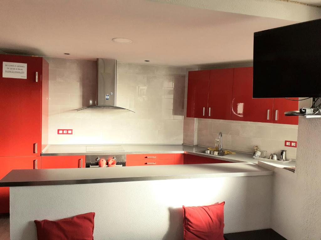 eine Küche mit roten Schränken und einer Arbeitsplatte in der Unterkunft Apartamento en Castellón RENFE in Castellón de la Plana