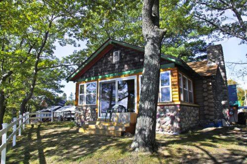 eine kleine Hütte im Wald mit einem Baum in der Unterkunft Main Cabin - STARRY NIGHTS cabin in Carp Lake