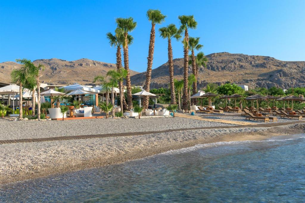 a beach with palm trees and chairs and the water at Aquagrand Exclusive Deluxe Resort Lindos - Adults only in Lindos