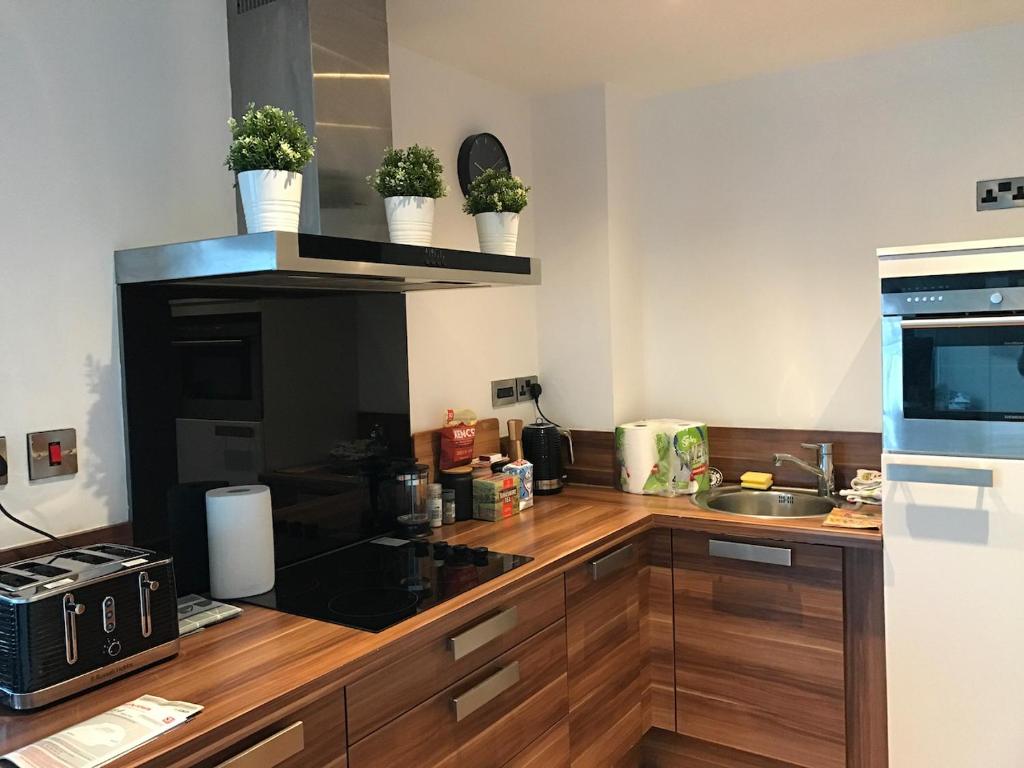 una cocina con armarios de madera y una encimera con macetas. en Lapwing - Sleeps up to 6, Fabulous panoramic city views, 12th Floor 2 bed city centre apartment, Perfect for work or leisure! en Sheffield