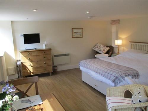 a bedroom with a bed and a dresser with a television at The Red Barn in Long Wittenham