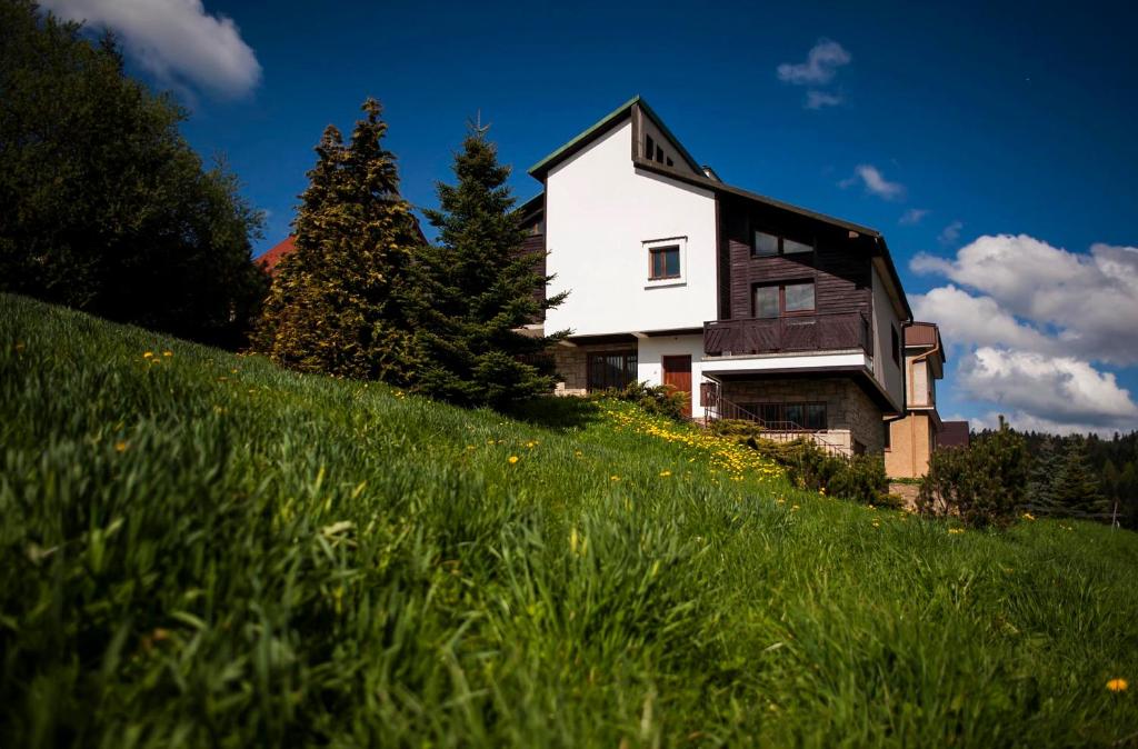 una casa vieja en una colina con césped verde en Krynica Zamkowa 48, en Krynica-Zdrój