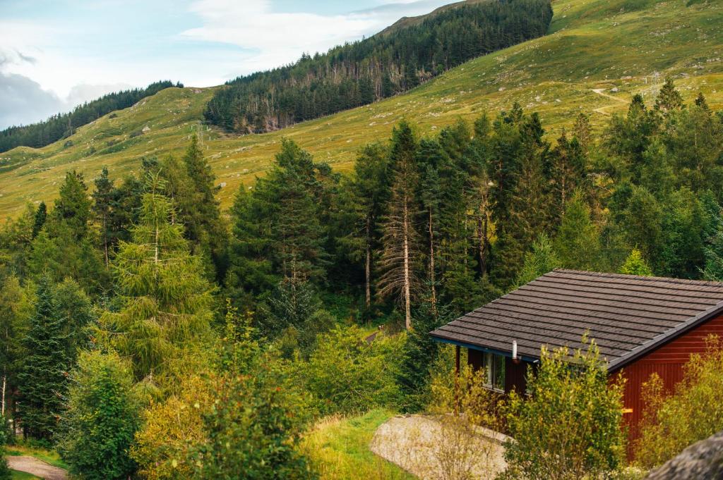 a red cabin in the middle of a forest at Gamekeeper chalet in Crianlarich