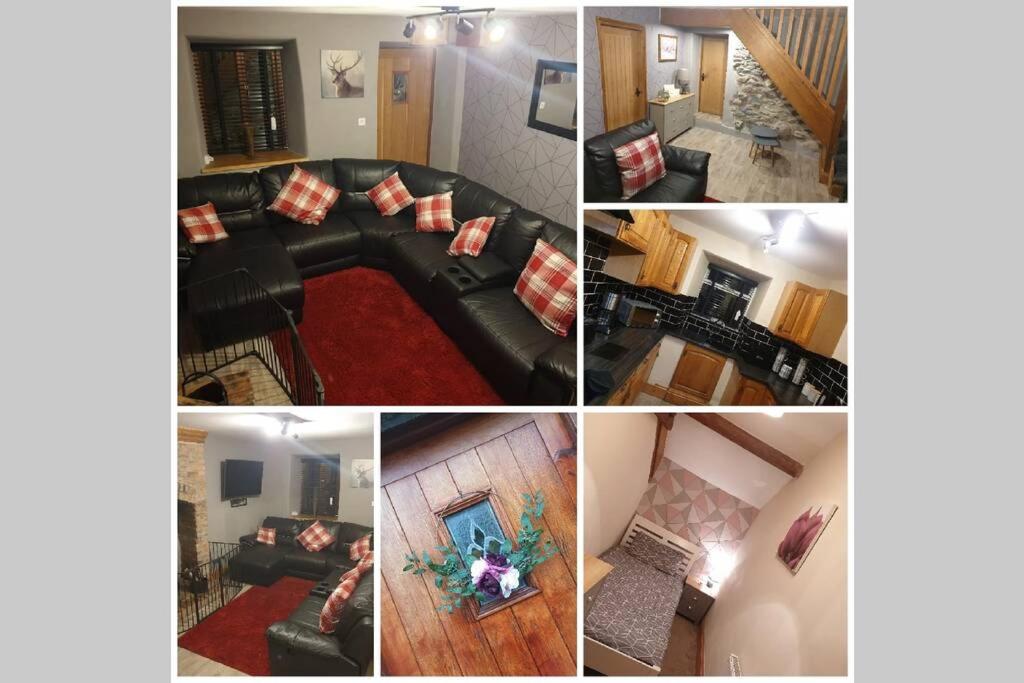 un collage de cuatro fotos de una sala de estar en Cosy Minffordd Let - Llanuwchllyn near, Bala LL23, en Bala
