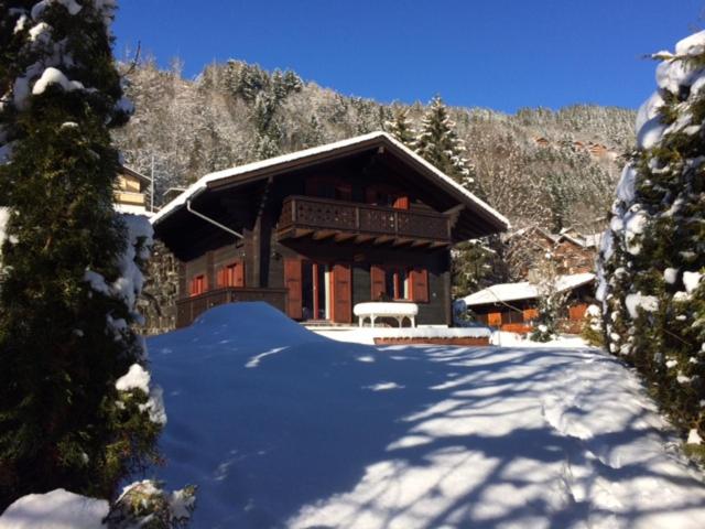 una casa con un montón de nieve delante de ella en Chalet Brimborion en Champéry