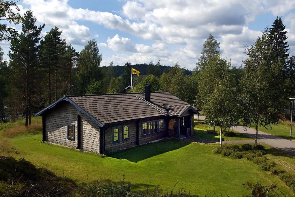 uma casa num relvado com uma bandeira em cima em Kloten Nature Resort em Kopparberg
