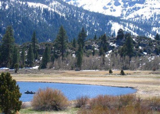 a lake in the middle of a field with a mountain at Rr-interlaken 26 in June Lake