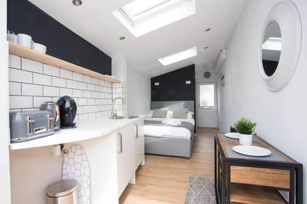 a kitchen and living room with a bed in a room at Cosy, modern annexe in Totnes in Totnes