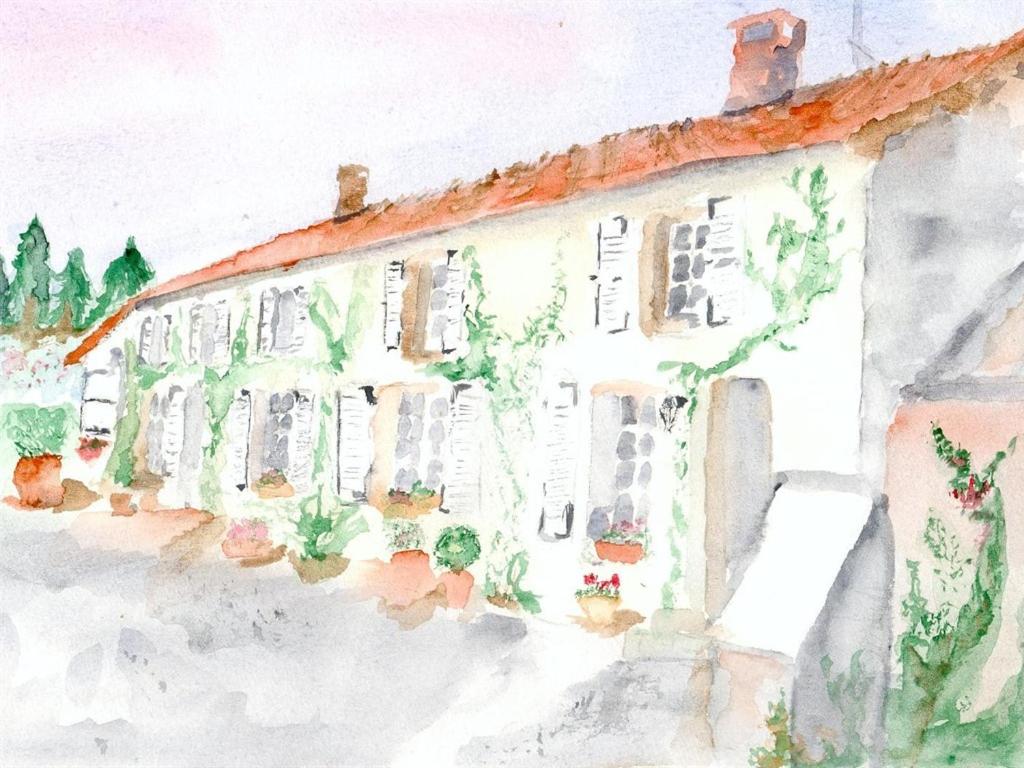 une peinture aquarelle d'une maison avec des plantes dans l'établissement Au Pré du Moulin, à Clamanges