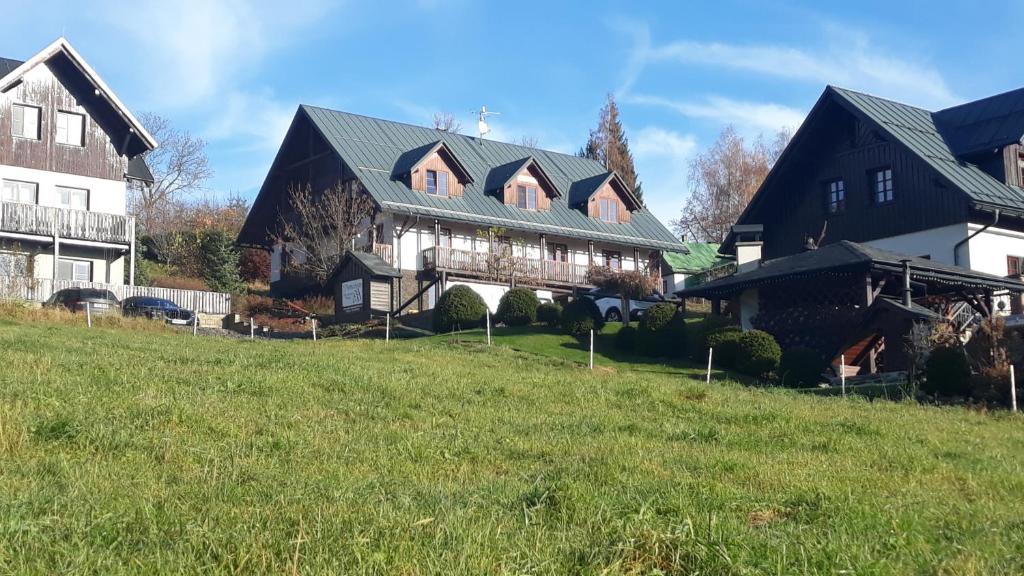 una casa grande en una colina con un campo verde en První Apartmán Vítkovice, en Vítkovice