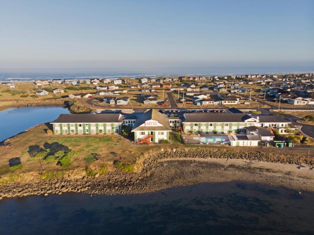 an aerial view of a small town on an island at Alsi Resort Hotel in Waldport
