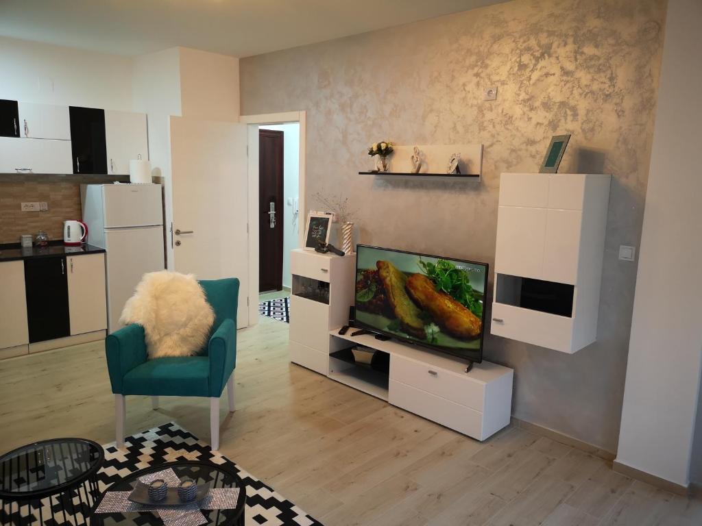 een woonkamer met een televisie en een blauwe stoel bij Apartman SILVER in Sremska Mitrovica