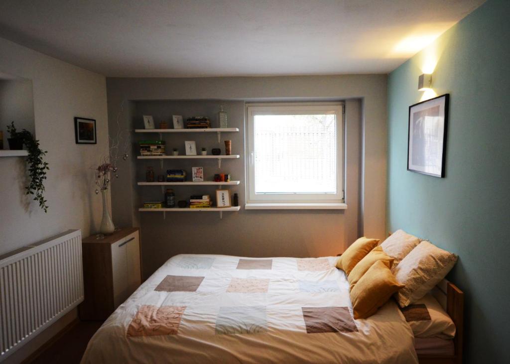 1 dormitorio con cama y ventana en Apartmán v prírode s vlastnou saunou en Martin