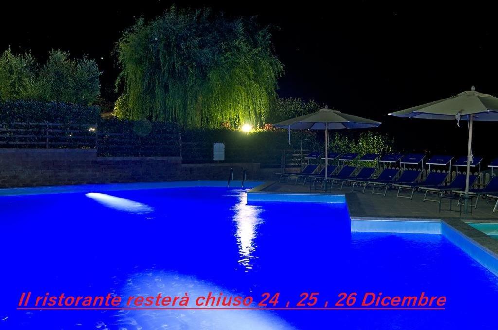 una grande piscina blu di notte con ombrelloni di Agriturismo Le Ginestre a Capodimonte
