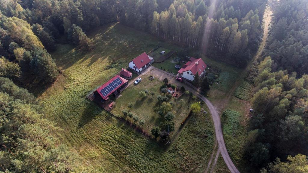 an aerial view of a house in the middle of a field at Pokoje w lesie in Miłomłyn