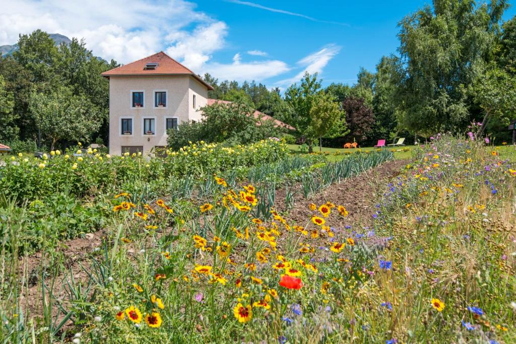 a field of flowers with a building in the background at "La Combe Fleurie" Appartements & Chambres in Saint-Bonnet-en-Champsaur