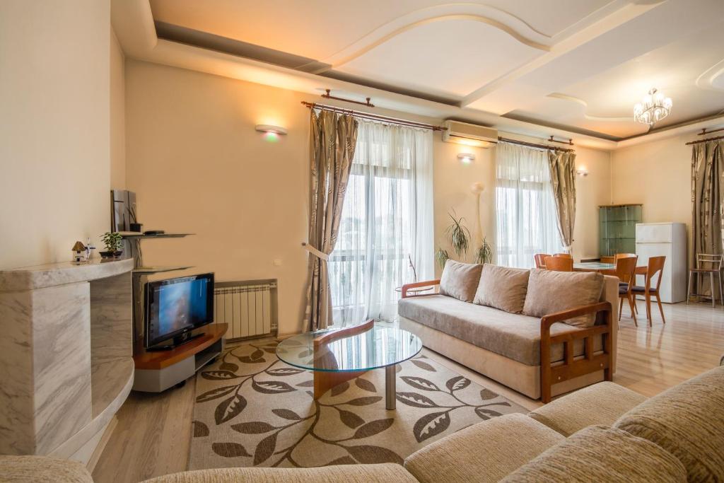 Central Apartments on Khreschatyk في كييف: غرفة معيشة مع أريكة وتلفزيون