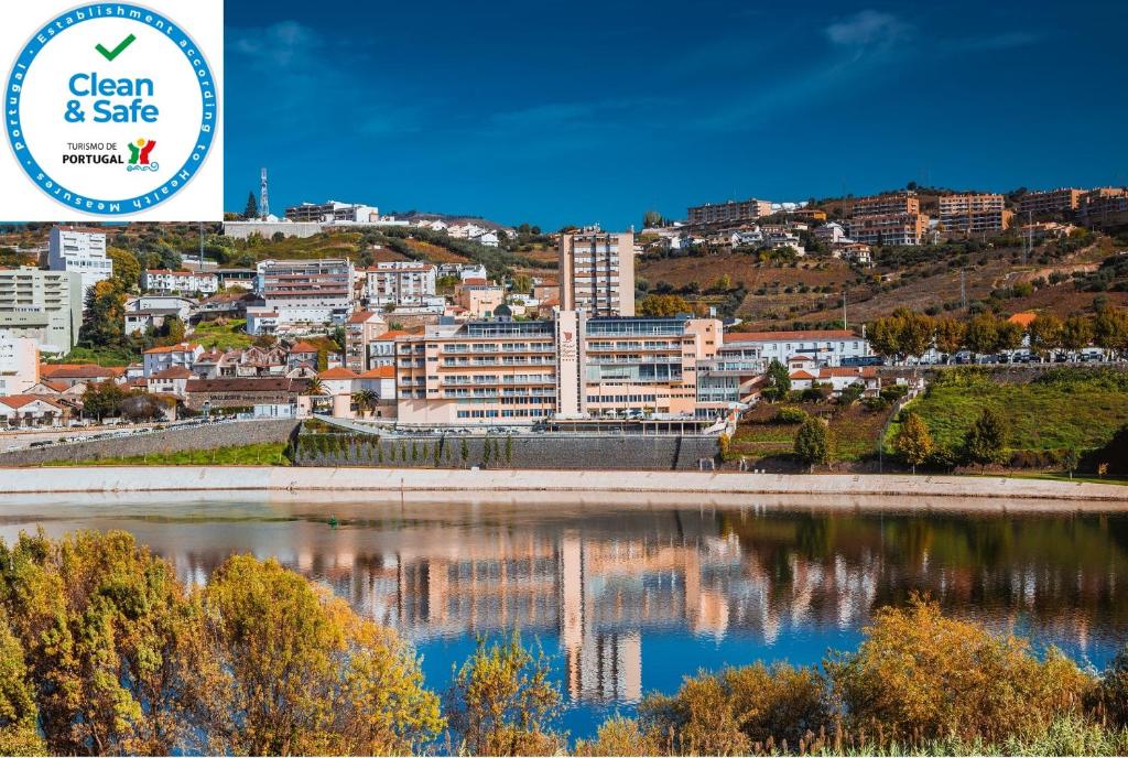 uitzicht op een stad en een rivier met gebouwen bij Hotel Regua Douro in Peso da Régua