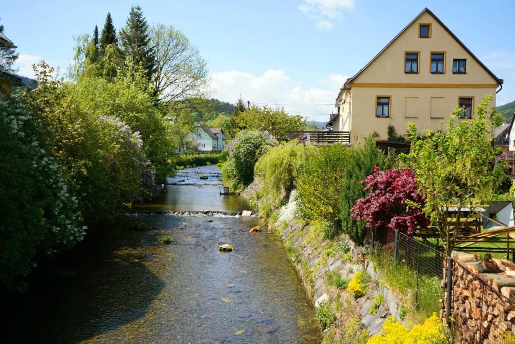 a river next to a house and a building at U Broučků in Lipova Lazne