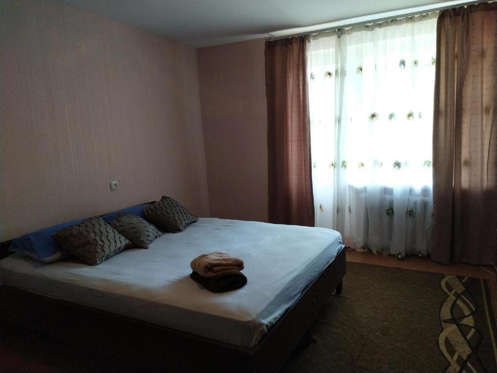 um quarto com uma cama grande e uma janela em Уютная квартира em Rivne