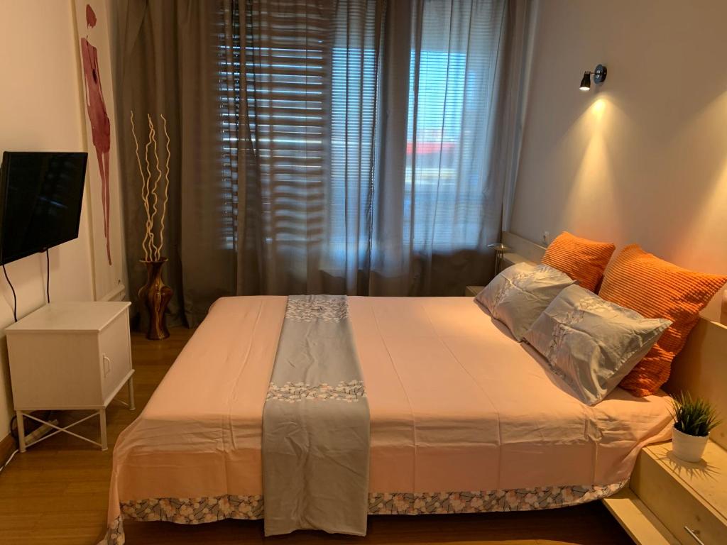 1 dormitorio con 1 cama grande y ventana en Sliver city next to paradise mall and metro, en Sofía