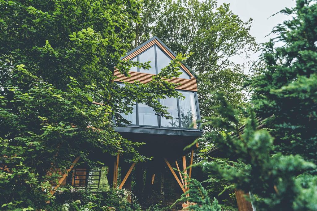 una casa en el árbol en medio de los árboles en Domek na drzewie Oddech, en Nałęczów