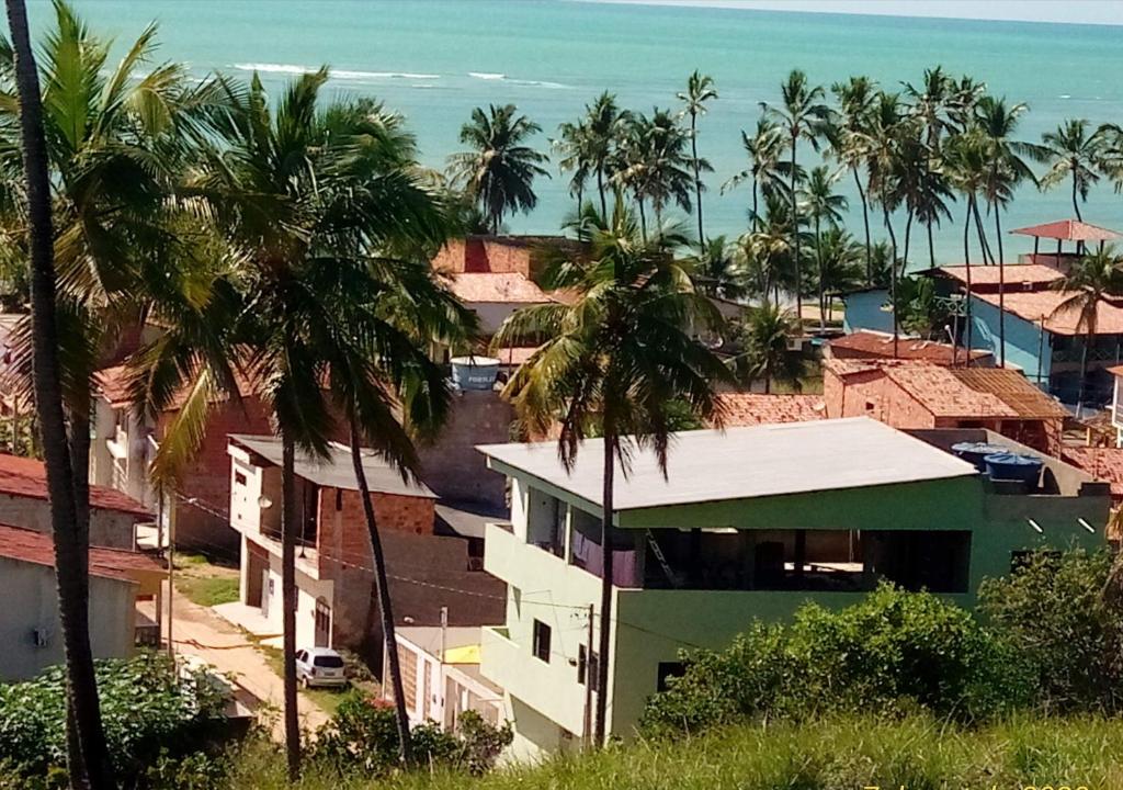 a view of a town with palm trees and the ocean at Flat Japaratinga Beach in Japaratinga