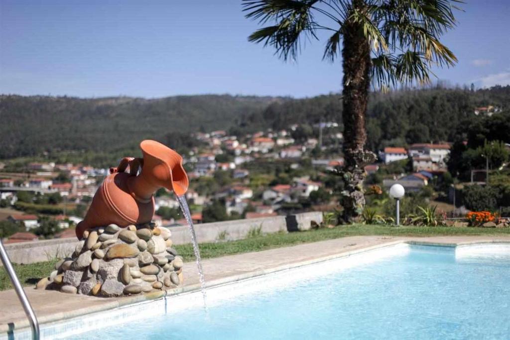 a statue of a dog with a hat sitting next to a swimming pool at Casa Rural do Salgueirinho in Santo Tirso