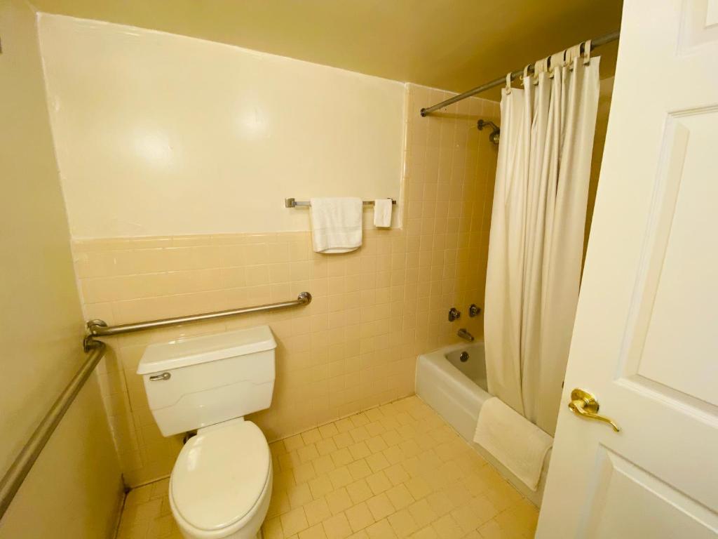 a small bathroom with a toilet and a shower at Traveler's Place Inn & Suites in Scottsboro