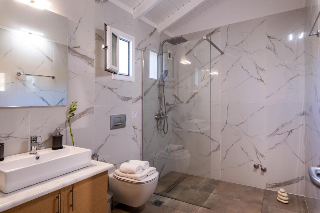a bathroom with a shower and a toilet and a sink at Eutopia Olive Garden in Syvota