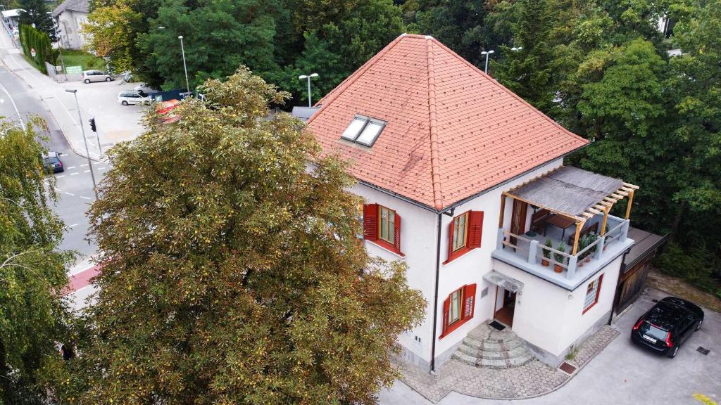an overhead view of a house with a red roof at Triglav Apartment House in Kranj