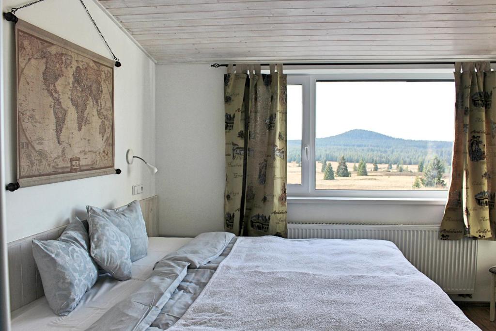 1 dormitorio con cama y ventana grande en St. Prokop Luxury Apartments 256, en Boží Dar