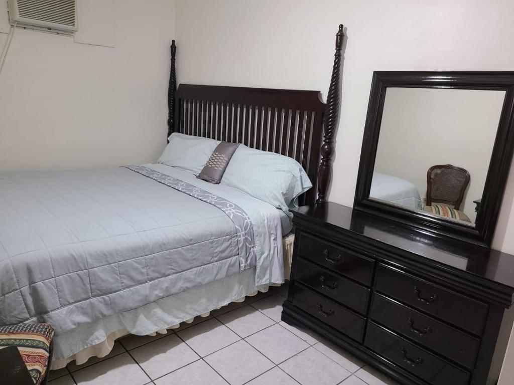 a bedroom with a bed and a dresser with a mirror at Natural Village #1,2,3 & 5 in San Juan