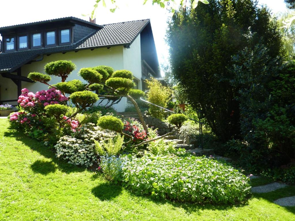a garden with flowers and bushes in front of a house at Fewo-Fuchshain in Fuchshain
