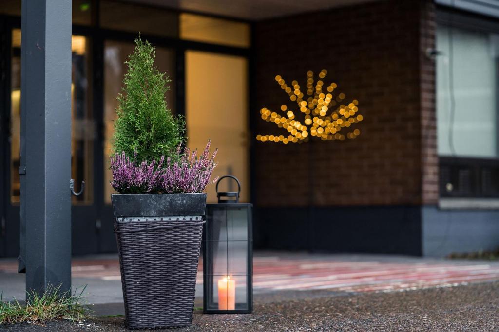 two planters with flowers in them in front of a building at Budget Hotel Raahe in Raahe
