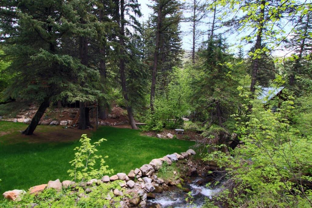 a garden with a rock wall next to a creek at Treehouse On The Stream Sundance, Utah in Sundance