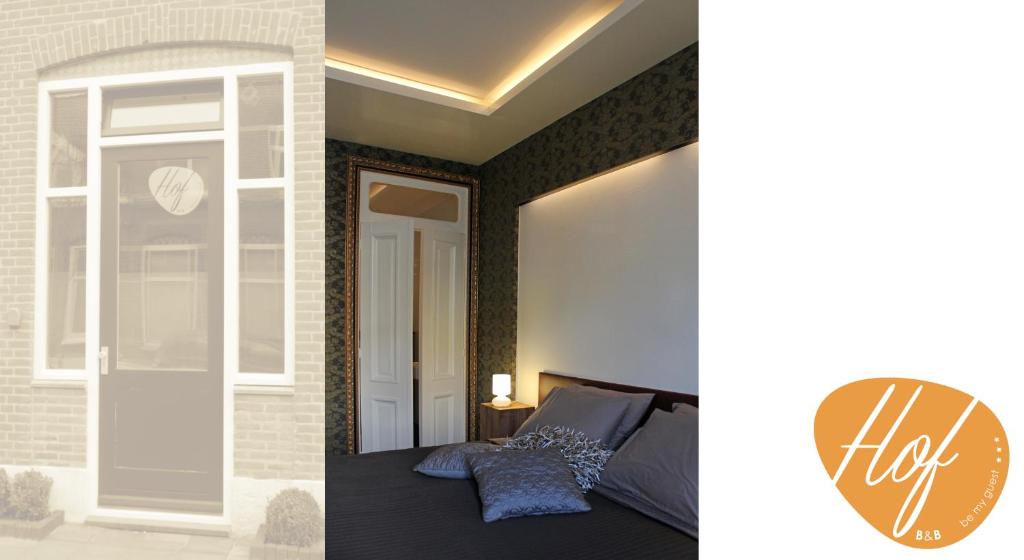 2 fotos de un dormitorio con cama y ventana en Hof, a luxury B&B in the center of Eindhoven, en Eindhoven