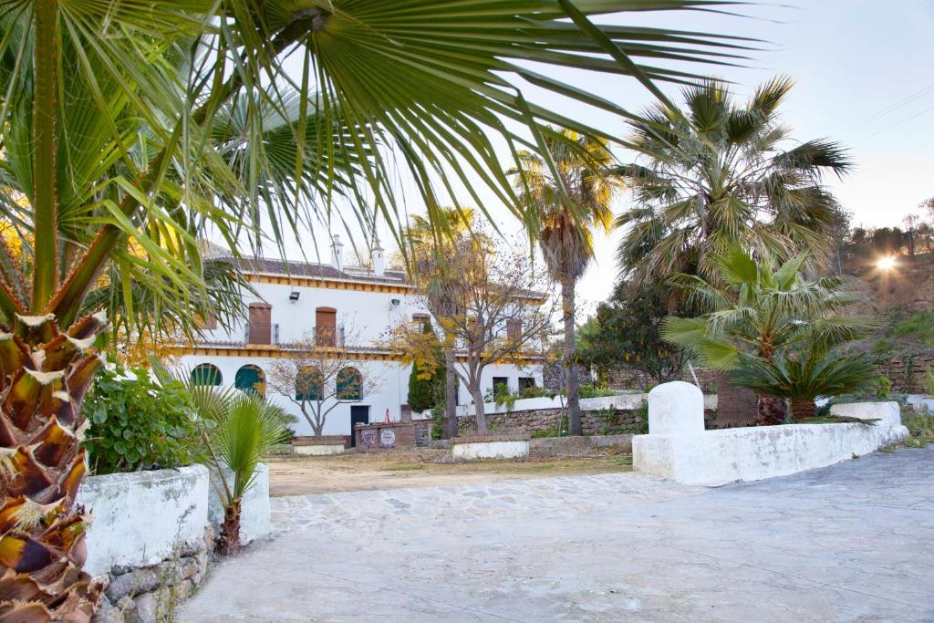 una casa blanca con palmeras delante en Hostal El Cortijo, en Algodonales
