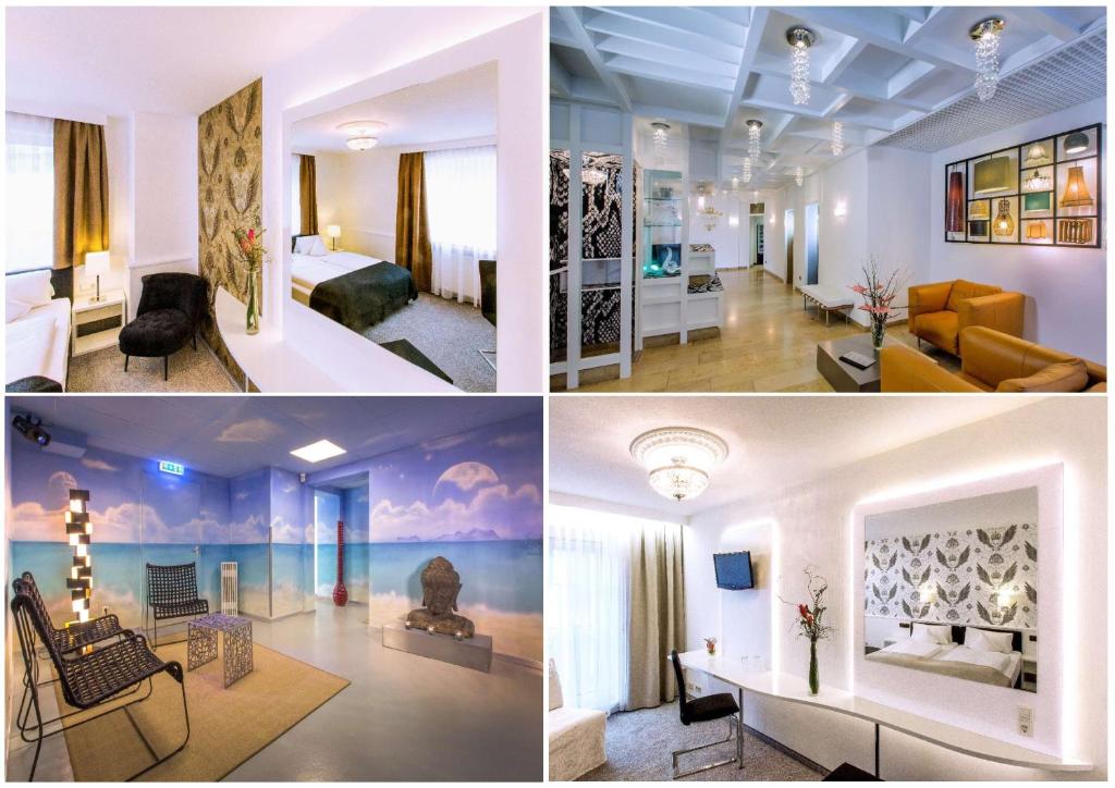 een collage van drie foto's van een hotelkamer bij Hotel Hellers Twenty Four II -24h-Check-In- in Friedrichshafen