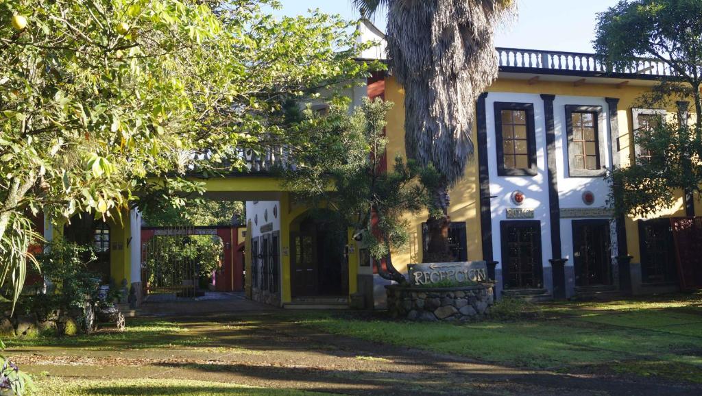 una casa amarilla con un árbol en el patio en Hotel Hacienda Xico Inn, en Xico