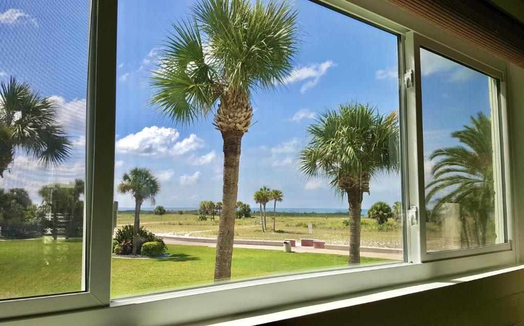 okno z widokiem na palmy z domu w obiekcie Tropic Terrace #29 - Beachfront Rental apts w St Pete Beach