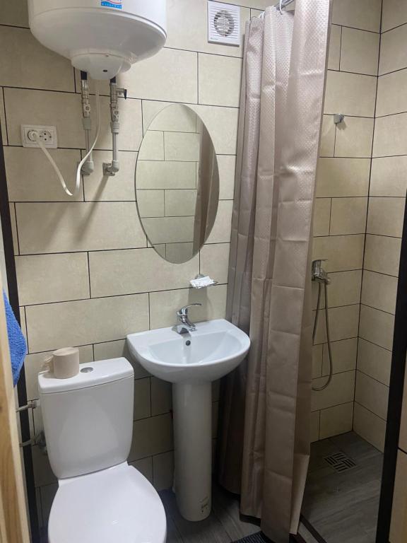 a bathroom with a toilet and a sink and a mirror at Hotel Yuvileyny in Khrystynivka