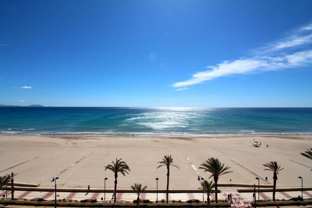 a view of a beach with palm trees and the ocean at Apartamento Vista Azul in El Campello