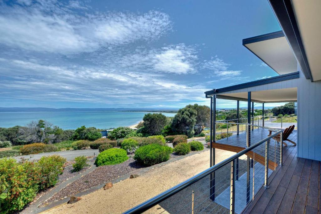 an ocean view from the balcony of a house at Tranquility in Coles Bay