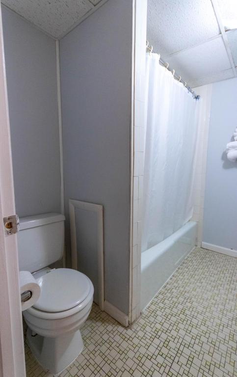 a bathroom with a white toilet and a shower at Rideau Oceanfront Motel in Ocean City