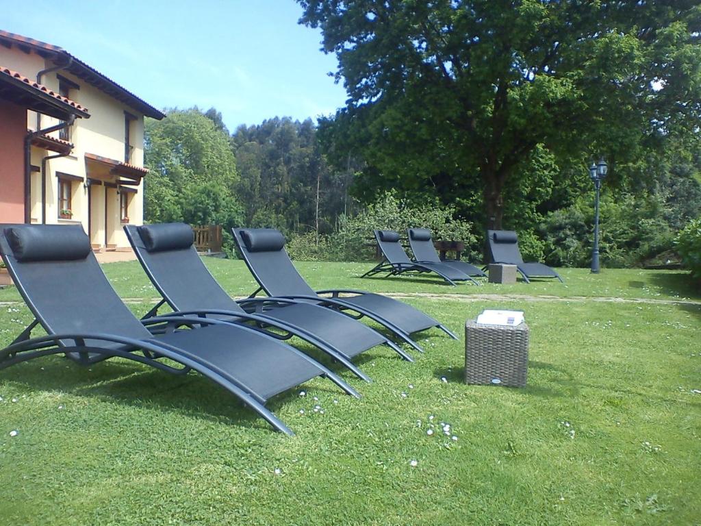 una fila de sillas de césped sentadas en el césped en Apartamentos Rurales La Fuente de Báscones, en Villahormes