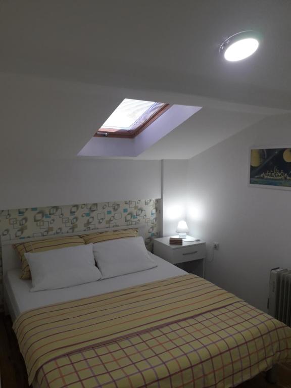 a bedroom with a bed and a skylight at Stan Na Dan in Niš
